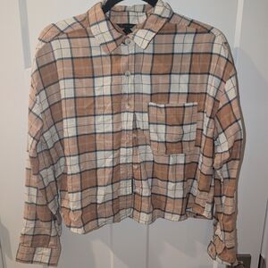 Universal Thread Tan and Blue Plaid Crop Shirt